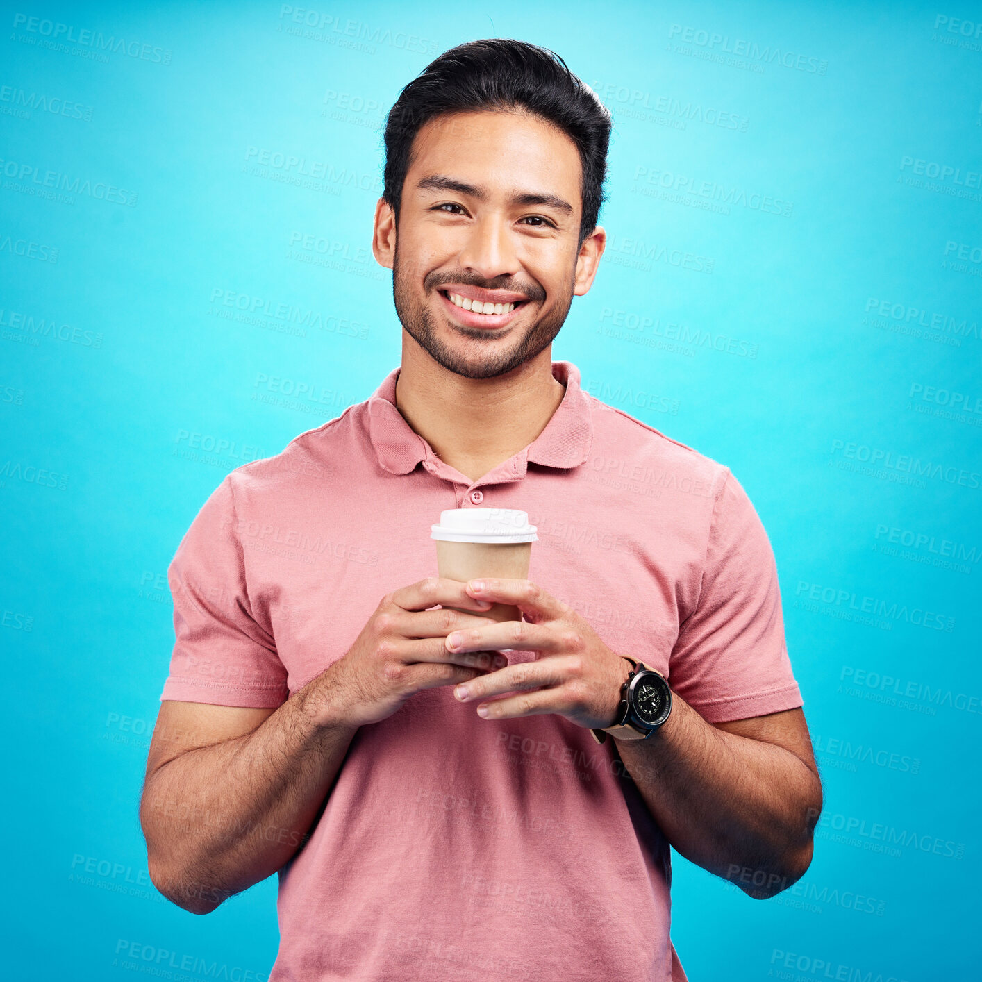 Buy stock photo Portrait, smile and Asian man with coffee, start motivation and confident guy against a blue studio background. Face, male person and happy model with cappuccino, tea and happiness with wellness