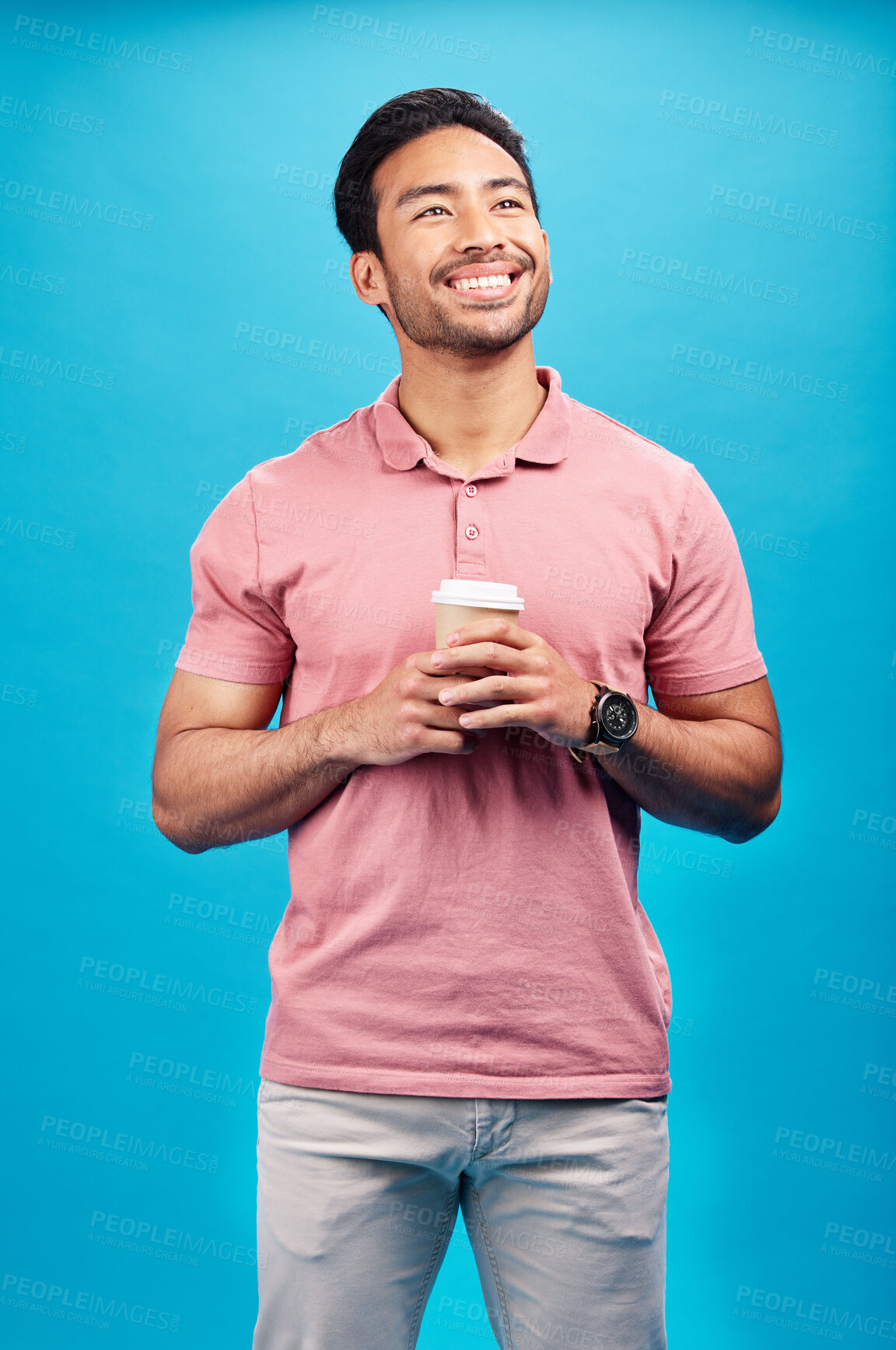 Buy stock photo Thinking, smile and Asian man with coffee, ideas and decision against blue studio background. Thoughts, male person or happy model with cappuccino, tea or wonder with choice, happiness or opportunity