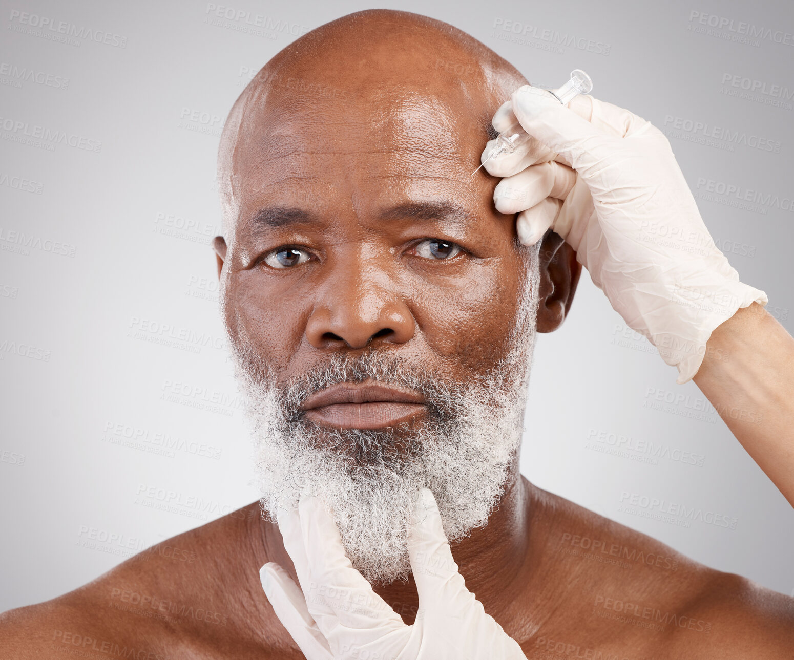 Buy stock photo Skincare, needle and portrait of man with collagen, injection and professional anti ageing face treatment.  Dermatology, medical cosmetic and mature African model with hands on dermal filler syringe.