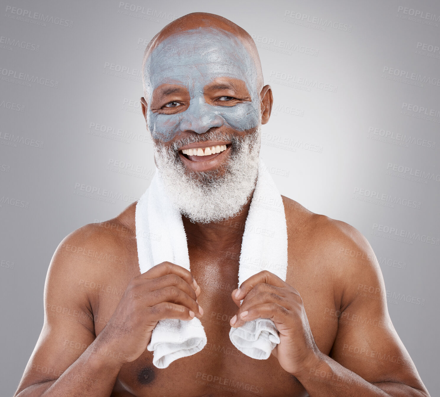 Buy stock photo Skin care, cleansing face mask and portrait of black man with smile, happiness and anti ageing clay spa treatment.  Dermatology, cosmetic process and skincare, mature model in charcoal facial routine