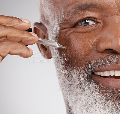 Buy stock photo Skincare, serum and portrait of senior black man in studio for wellness, cosmetics and facial treatment. Dermatology, beauty and face of guy with oil dropper for anti aging, wrinkles and hydration