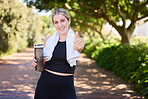 Portrait, happy woman or thumbs up for fitness, nature or healthy running workout exercise with smile. Girl athlete runner smiling showing thumbsup for training, wellness or exercising in a park 