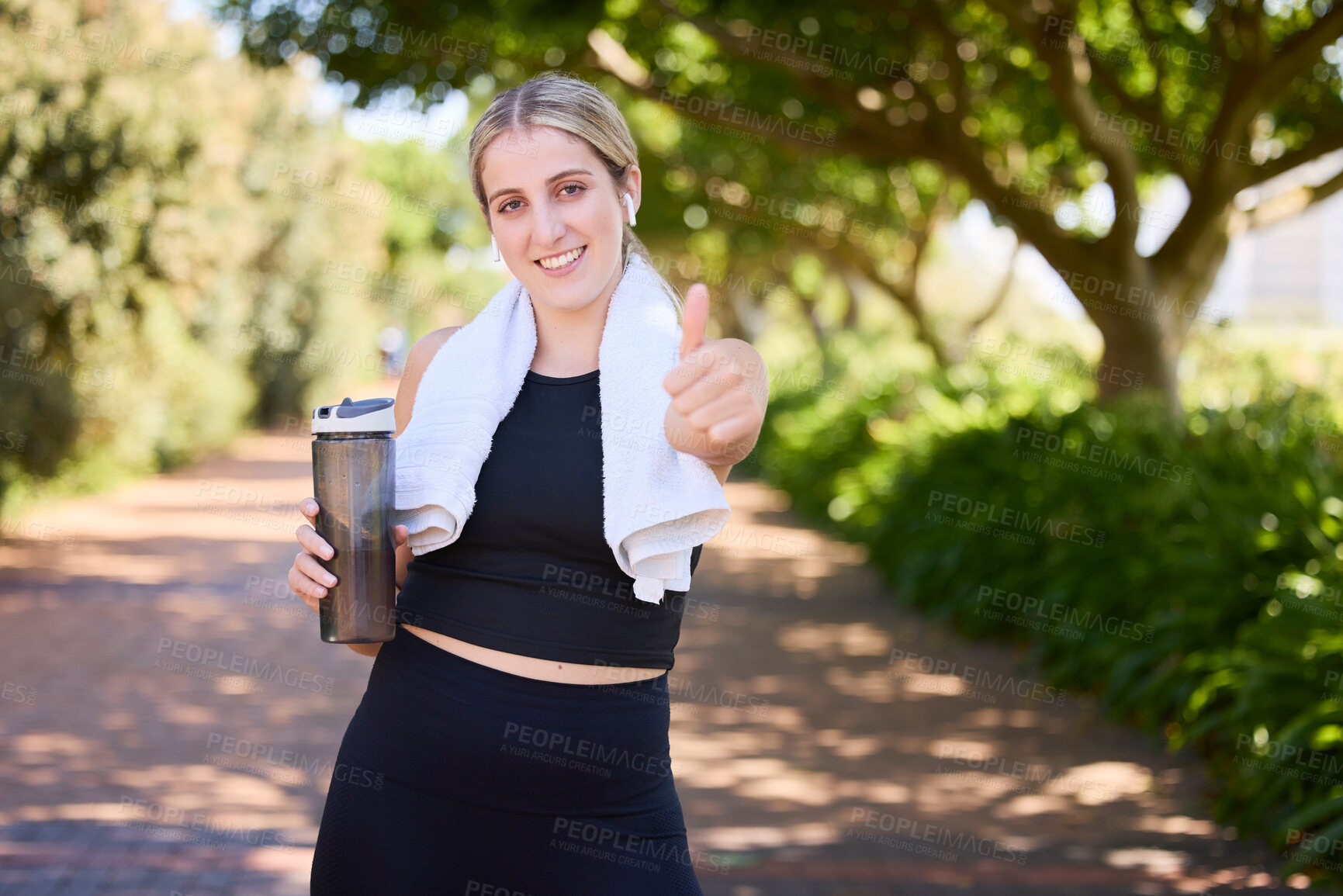 Buy stock photo Portrait, happy woman or thumbs up for fitness, nature or healthy running workout exercise with smile. Girl athlete runner smiling showing thumbsup for training, wellness or exercising in a park 