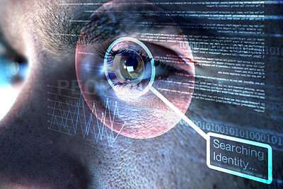 Buy stock photo Identity, holographic or man with eye scan in digital cybersecurity technology for Information database. Biometric laser, ai innovation or zoom of searching word in recognition or verification sensor