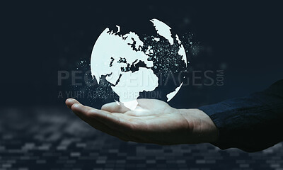 Buy stock photo Hand, world and dashboard with a man user holding a digital, ai or 3d earth for data and information technology. Future, globe and networking for innovation, cloud computing or internet communication
