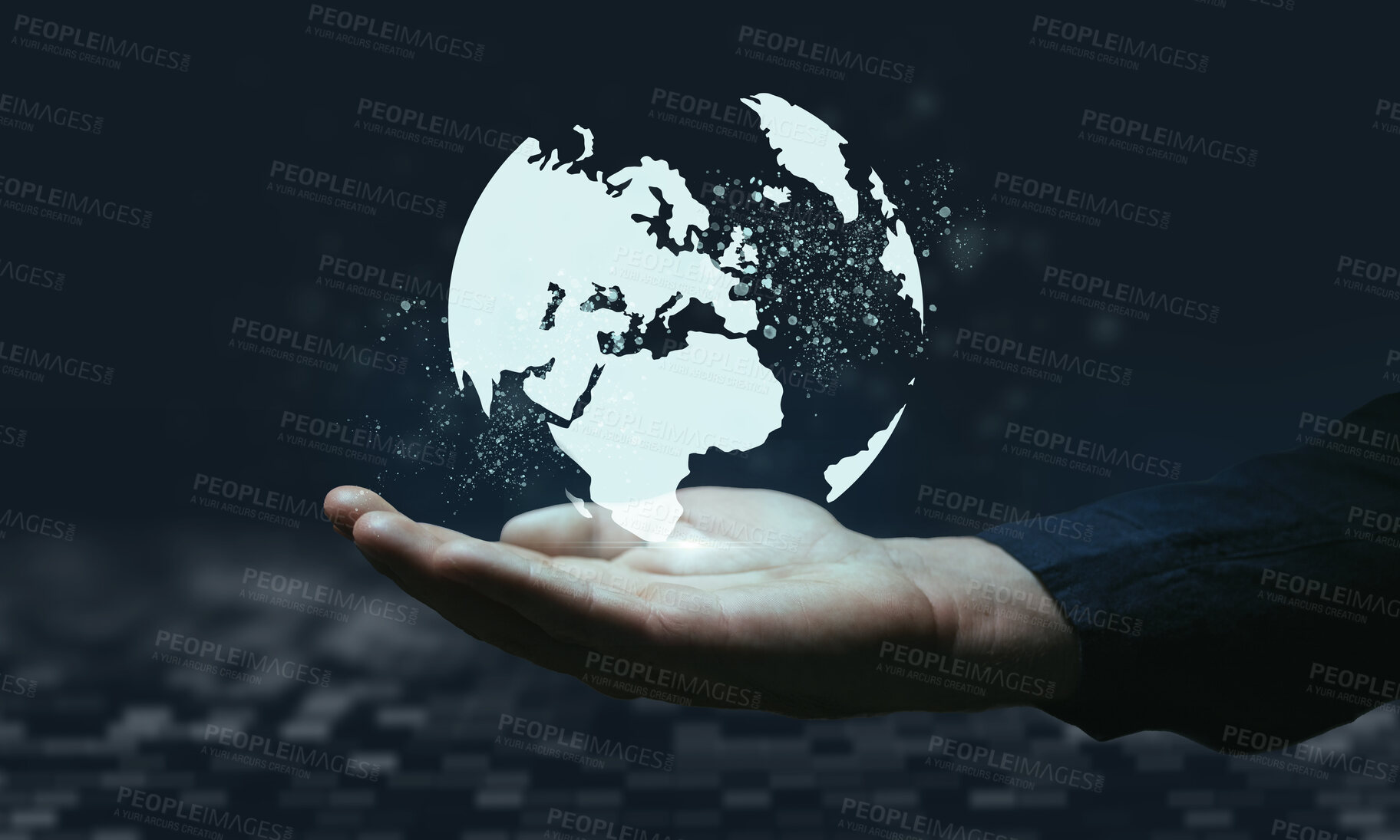 Buy stock photo Hand, world and dashboard with a man user holding a digital, ai or 3d earth for data and information technology. Future, globe and networking for innovation, cloud computing or internet communication