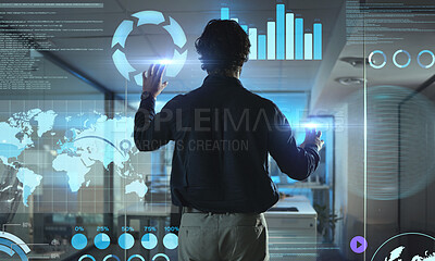 Buy stock photo Business man, touchscreen and hologram of digital network, global data analytics and information technology on glass. Person or user press on 3d holographic for charts, graphs or screen in night rear