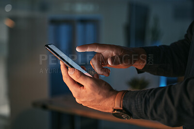 Buy stock photo Phone, night or hands of businessman typing in communication, global networking or searching. Entrepreneur, dark office or zoom of person on social media or mobile app reading email, text or chatting
