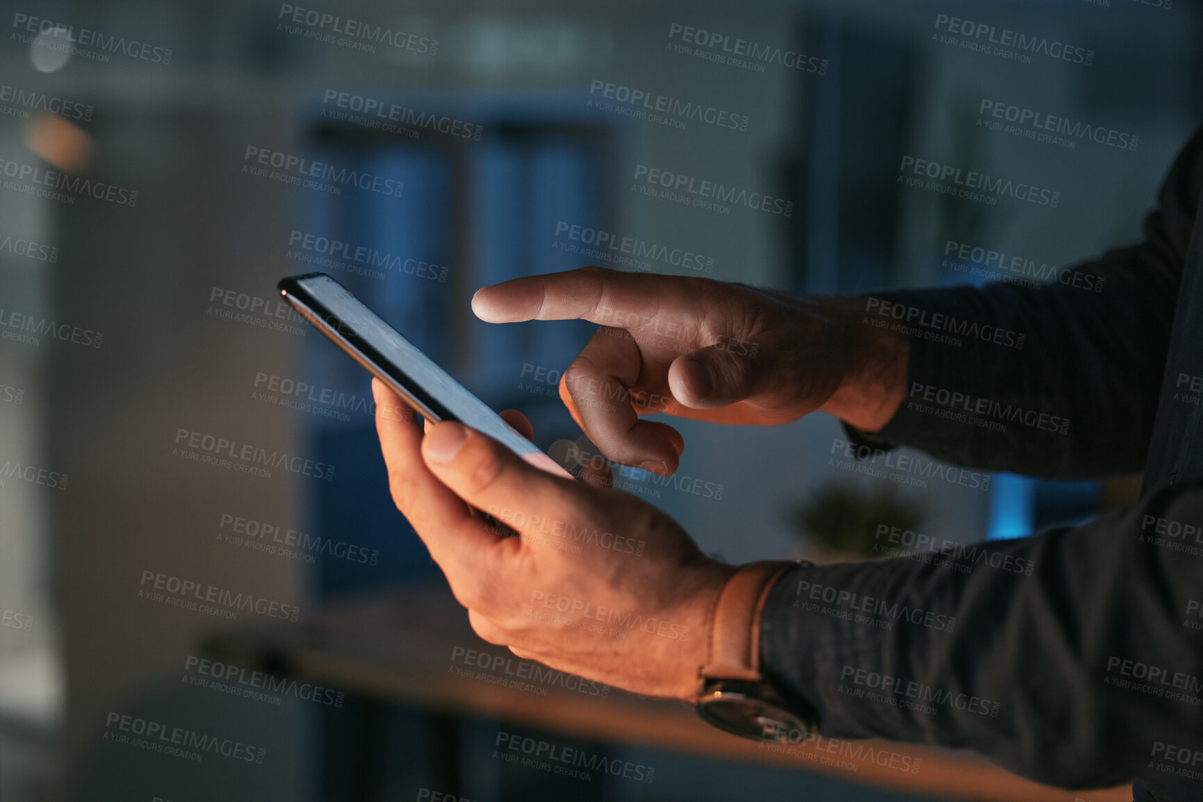 Buy stock photo Phone, night or hands of businessman typing in communication, global networking or searching. Entrepreneur, dark office or zoom of person on social media or mobile app reading email, text or chatting
