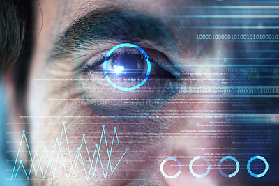 Buy stock photo Futuristic, holographic or man with eye scan in digital cybersecurity technology for identity database. Biometric laser, ai innovation or zoom of light for system recognition or verification sensor