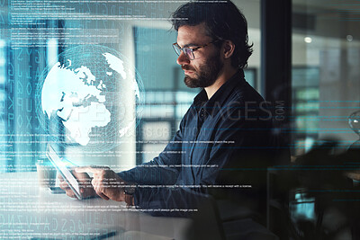 Buy stock photo Globe, tablet hologram and business man in global network, digital world overlay or futuristic data analysis. Holographic, night technology and person with worldwide research, web coding and software