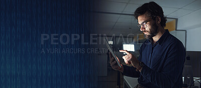 Buy stock photo Night, mockup or businessman with tablet in office to search digital technology, data analytics or global news. Mock up space, entrepreneur or person typing on iot dashboard or networking online 