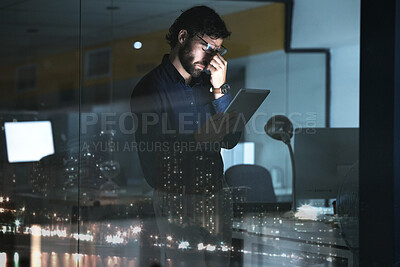 Buy stock photo Business man, tablet and headache, stress or migraine in office by widow with city lights at night. Technology, fatigue and person with depression, burnout or anxiety, pain or brain fog with deadline