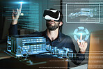 Virtual reality, architecture and man with 3d model for working on design or building hologram at night. Metaverse, vr and architect or engineer with house, digital construction or futuristic tech.