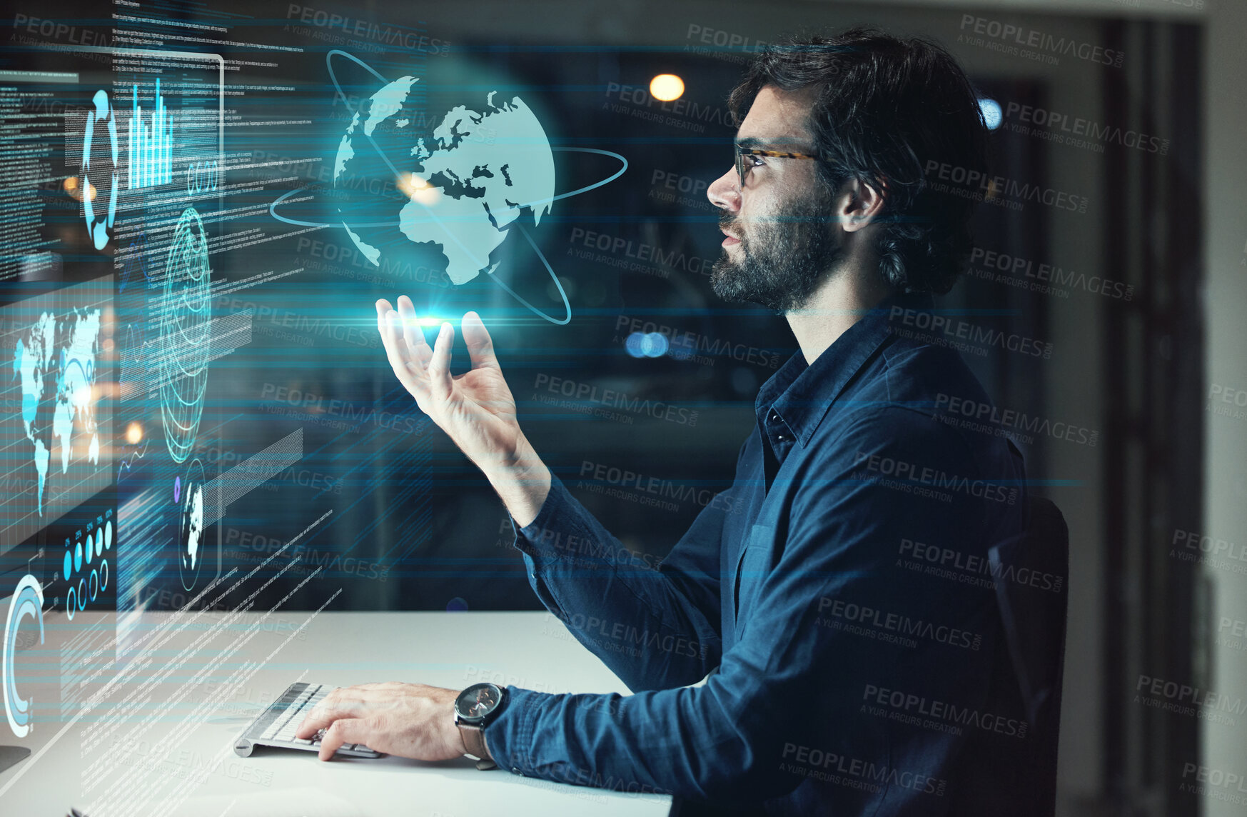 Buy stock photo Computer screen, global hologram and man with business data analytics, globe networking and worldwide software 3D. holographic, digital analysis and information technology of person on night desktop