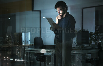 Buy stock photo Business man, tablet and thinking in office, problem solving or looking for solution by window with city lights at night. Technology, idea and professional person with touchscreen to focus on reading