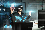 Virtual reality, business man and touch graphs, statistics or data analysis at night in office. Metaverse, vr and person with charts, futuristic technology or digital hologram for 3d global overlay.