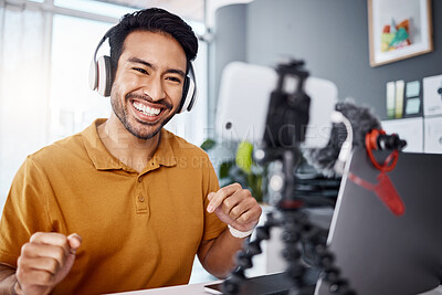 Buy stock photo Happy, work and an Asian man with a phone for a video call, communication or podcast. Smile, laughing and an entrepreneur talking on a webinar, mobile broadcast or recording conversation in an office