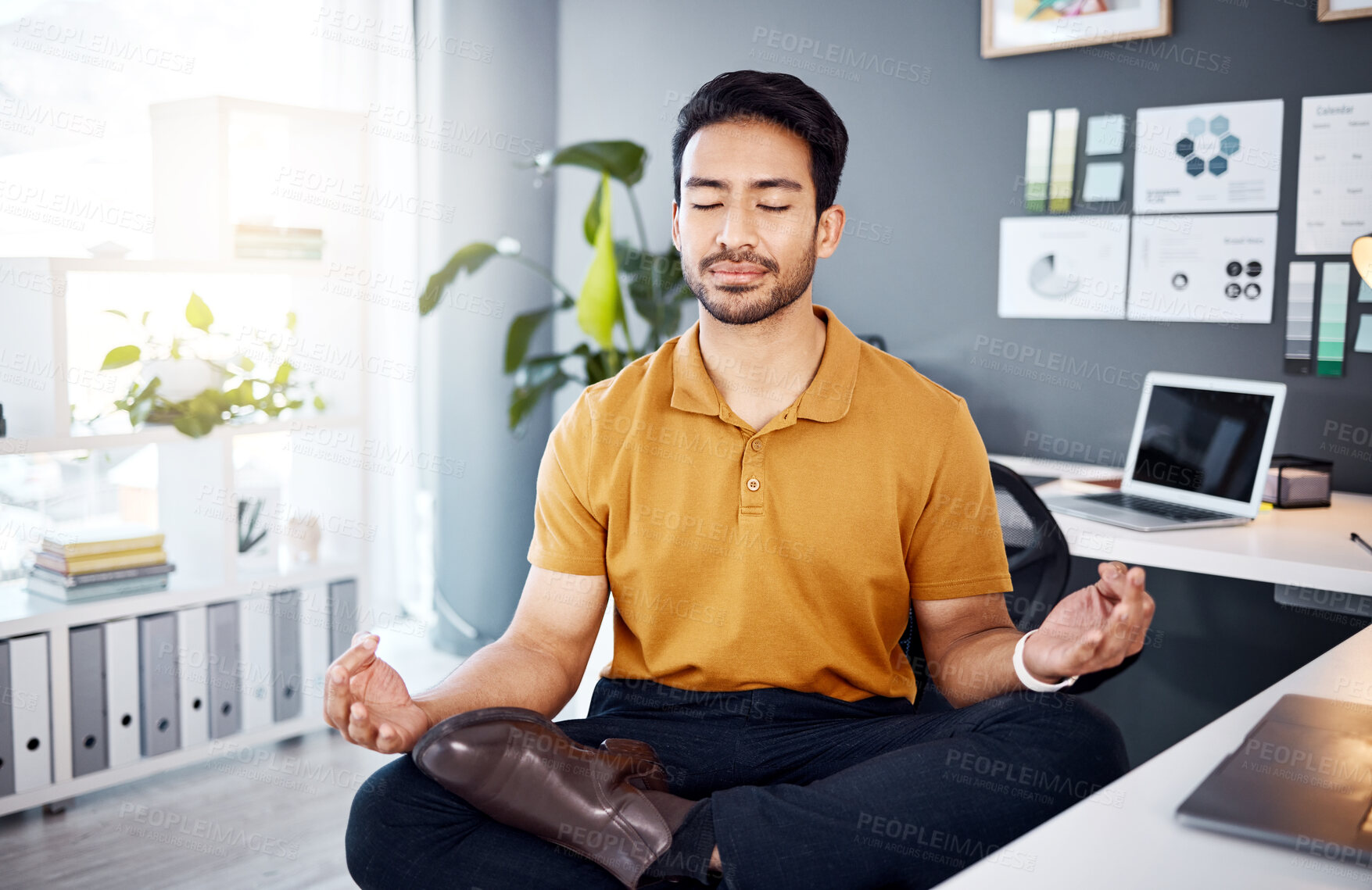 Buy stock photo Office, yoga and business man in office for break, mental health and breathing exercise at a desk. Corporate, meditation and asian guy manager meditating for stress management, zen and peace in Japan