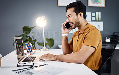 Buy stock photo Phone call, stress and Asian man with problem on laptop with glitch, mistake and error in office. Communication, business and upset male worker on computer talking, frustrated and consulting for help