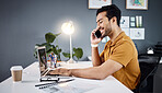 Laptop, phone call and Asian man with a smile, business and communication in workplace. Male employee, entrepreneur and creative with coffee, smartphone and connection for discussion and planning