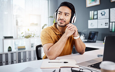 Buy stock photo Business man, thinking and headphones to listening to music, audio or podcast. Asian male entrepreneur at desk with headset to think of ideas, strategy and plan for growth development and future