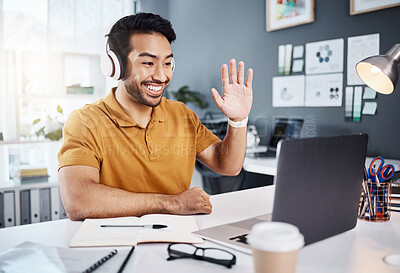 Buy stock photo Man, headphones and laptop, video call with smile and wave hello, remote work with workshop webinar. Communication, working from home and virtual meeting seminar, happy male freelancer and internet