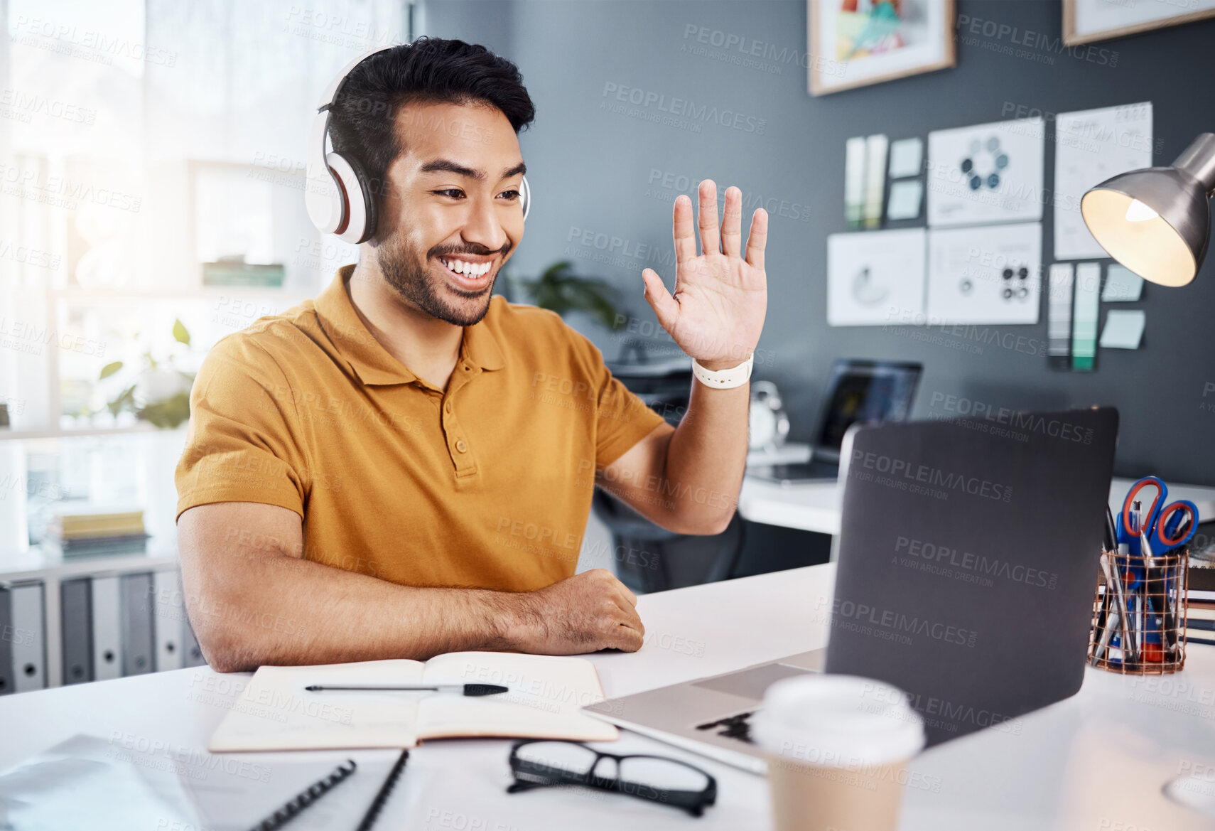 Buy stock photo Man, headphones and laptop, video call with smile and wave hello, remote work with workshop webinar. Communication, working from home and virtual meeting seminar, happy male freelancer and internet