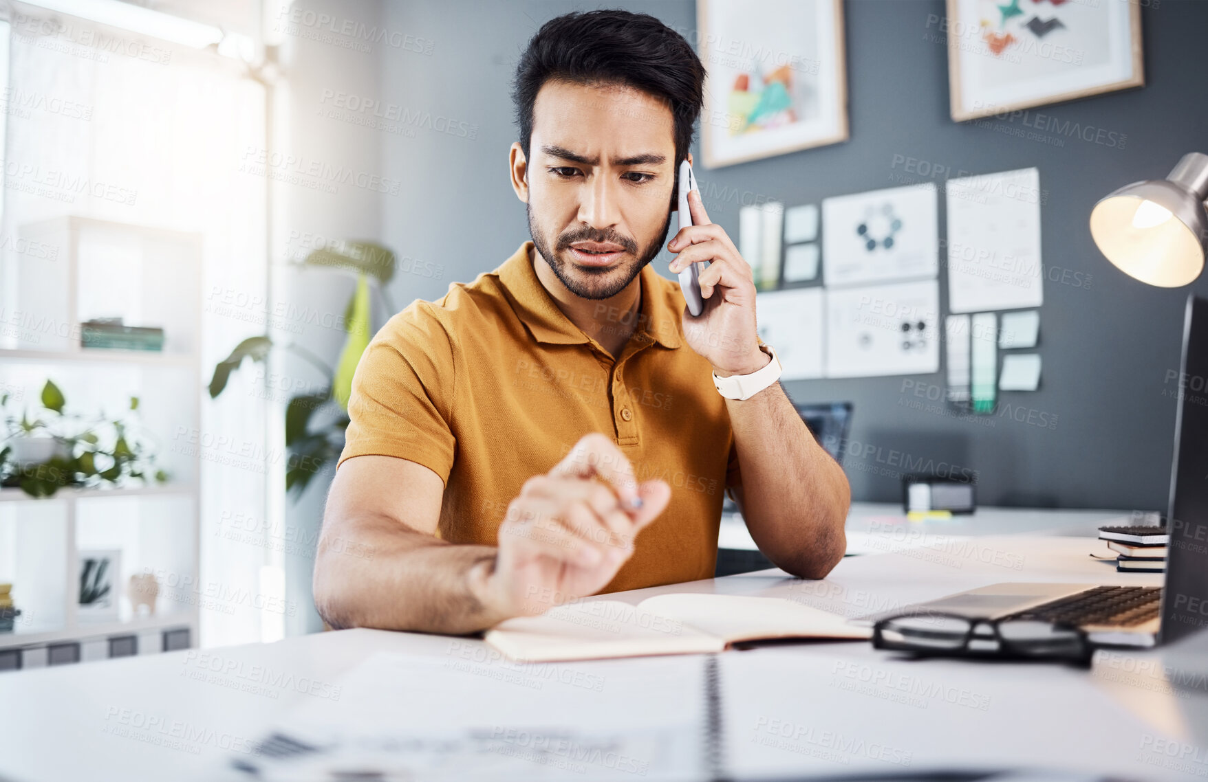 Buy stock photo Phone call, confused and Asian man with problem in office for issue, mistake and error in office. Communication, business and male worker on smartphone talking, frustrated and consulting for help