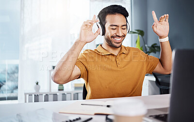 Buy stock photo Man, laptop and headphones with music during remote work, happy and enjoy listening to radio. Male copywriter, energy with blogger dancing and technology, online audio streaming and working from home