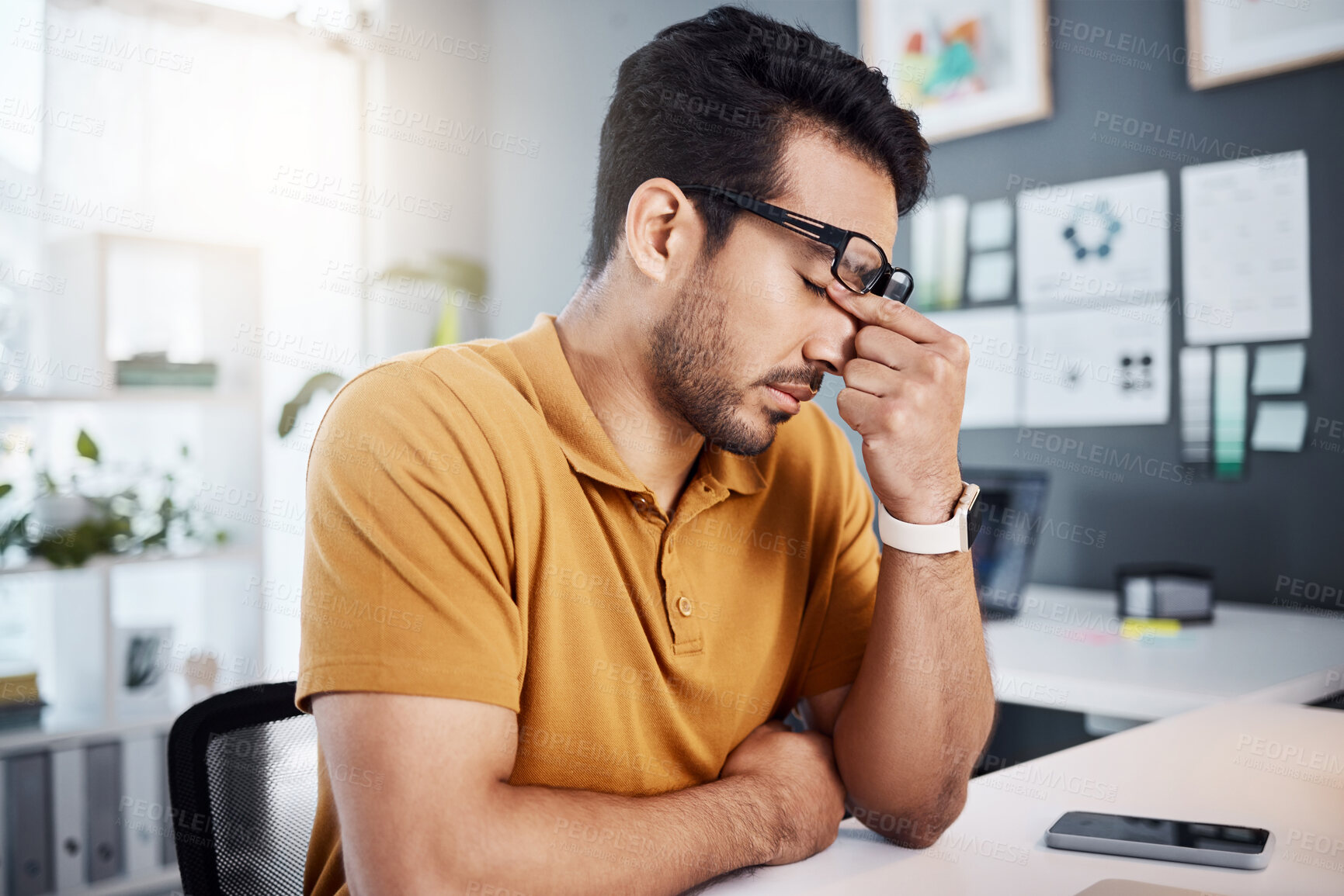 Buy stock photo Headache, burnout and tired business man with migraine, pain or stress from workplace pressure. Mental health, anatomy crisis or depressed person with medical emergency, depression or tension problem