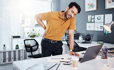 Buy stock photo Back pain, business man and stress at office desk with an injury and depression. Asian male entrepreneur frustrated with body ache, mental health and burnout or fatigue problem and tired of working