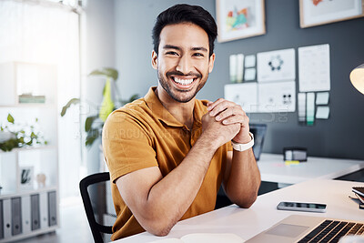 Buy stock photo Smile, confidence and portrait of a man in the office while working on a business project with a laptop. Happy, success and professional Asian male corporate employee sitting by his desk in workplace