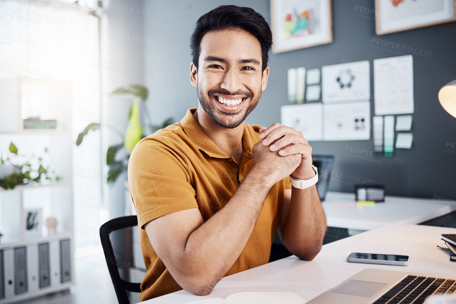 Buy stock photo Smile, confidence and portrait of a man in the office while working on a business project with a laptop. Happy, success and professional Asian male corporate employee sitting by his desk in workplace