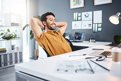 Buy stock photo Business, employee and Asian man relax, thinking and ideas for new project, productivity and happiness. Entrepreneur, creative and happy male person with a smile, creativity and thoughts for planning