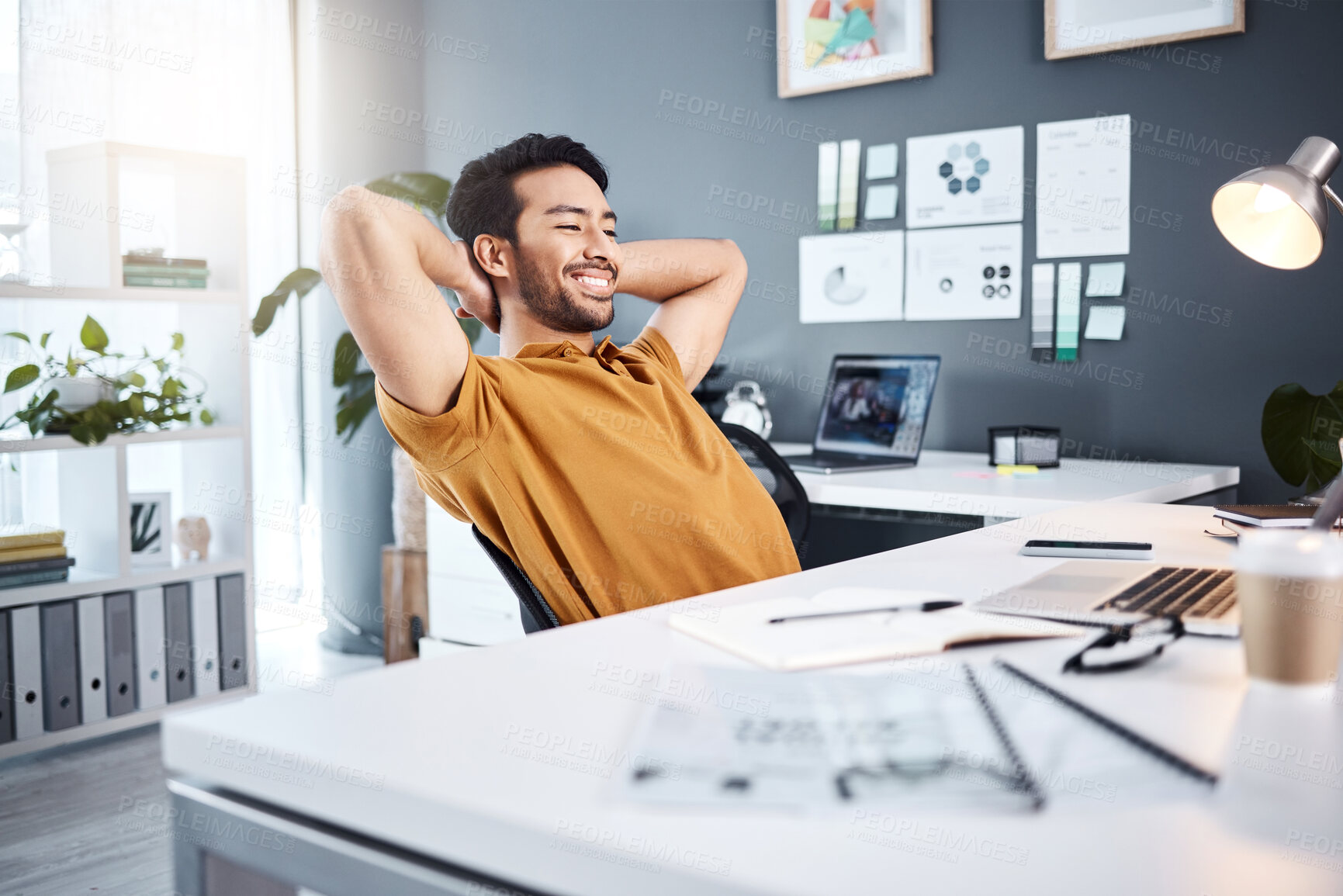 Buy stock photo Business, employee and Asian man relax, thinking and ideas for new project, productivity and happiness. Entrepreneur, creative and happy male person with a smile, creativity and thoughts for planning