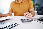 Taxes, planning and calculator with man hands for budget report, accounting review and debt management. Calculating, financial documents and accountant, entrepreneur or person with business finance