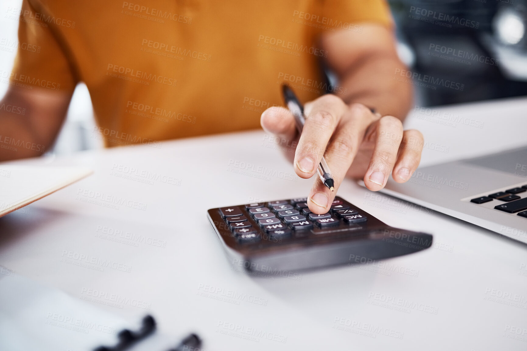 Buy stock photo Calculator, budget and man hands with finance, profit check and financial accounting on office desk closeup. Person or entrepreneur typing and calculating numbers in taxes, debt or business growth