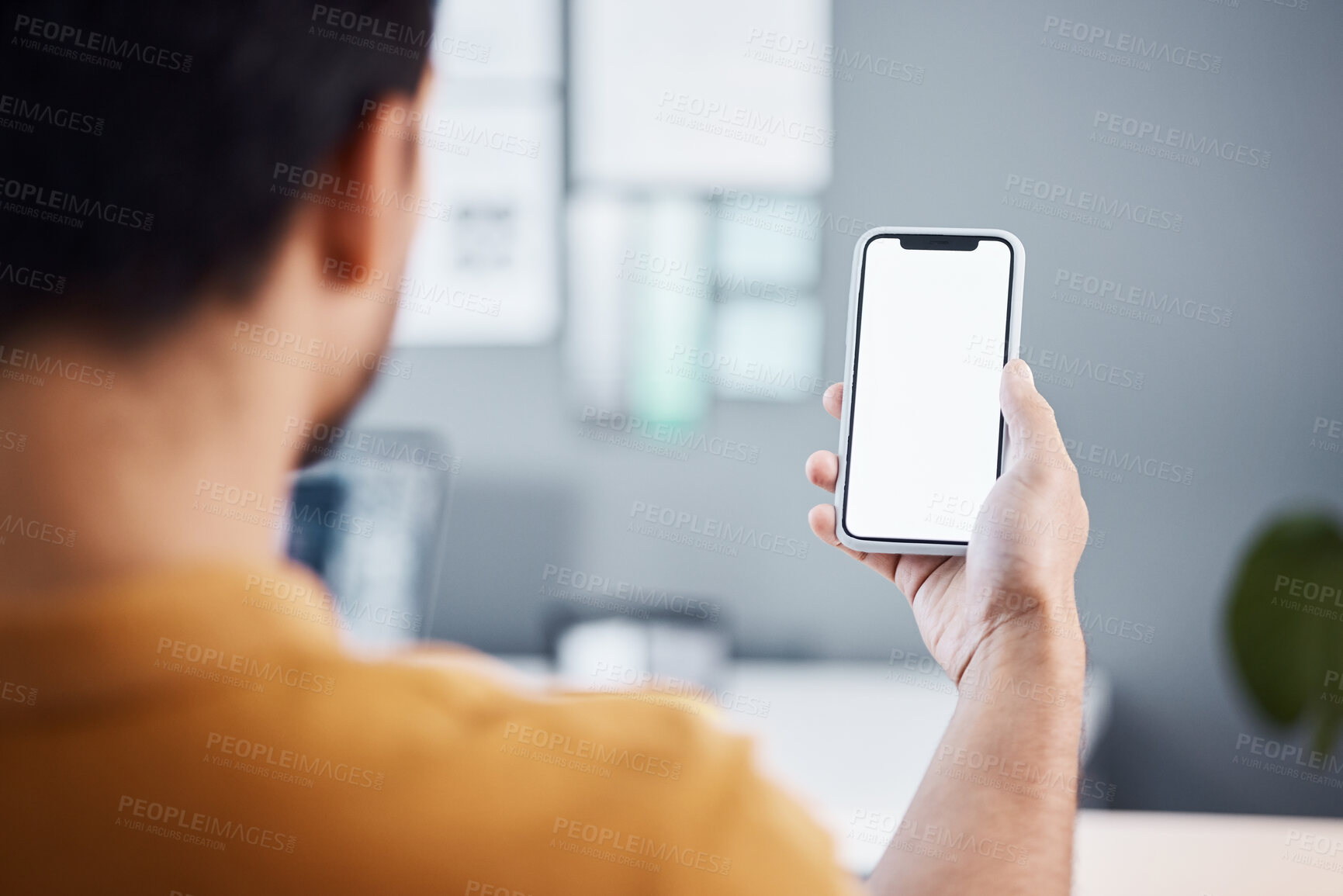 Buy stock photo Man, hands and phone with mockup screen for advertising, marketing or social media at the office. Hand of male employee holding mobile smartphone display for communication or app with copy space