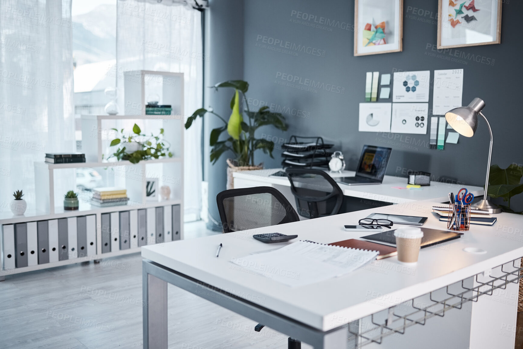 Buy stock photo Empty office, interior and workspace with furniture, table and professional layout in startup agency. Background of modern workplace, business building and room in company, job venue or minimal setup