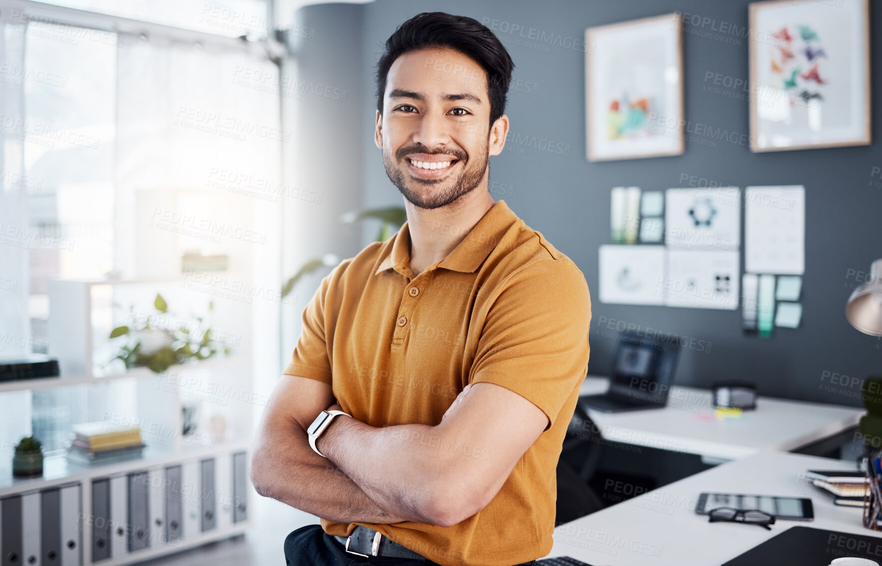 Buy stock photo Office portrait, arms crossed and business man, worker or happy for career, job agency or work satisfaction. Professional, pride and Asian person with startup happiness, entrepreneurship or success