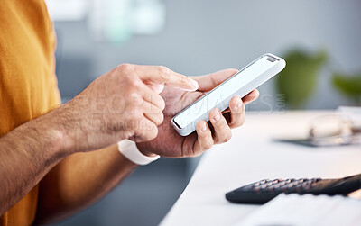 Buy stock photo Man, hands and phone in finance planning, budget or calculations for banking, salary or account at office. Hand of male on mobile smartphone with mockup screen or display in financial audit at desk