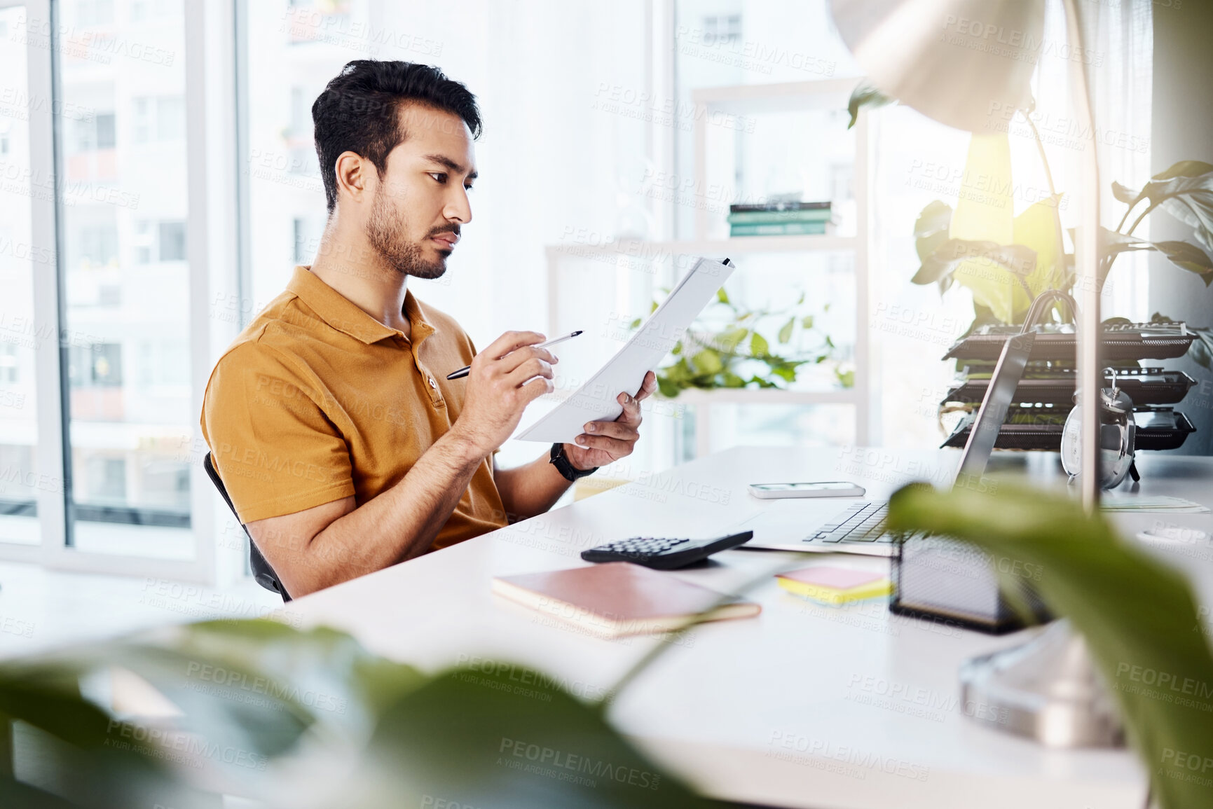 Buy stock photo Paperwork, office analysis or man reading financial documents, budget funding portfolio or finance savings report. Bookkeeping administration, accounting or male accountant work on bank credit review