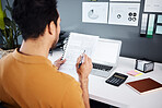 Man, accountant and documents with laptop mockup screen in finance, budget or strategy at office. Male employee working on financial paperwork, accounting or statements with computer display at desk