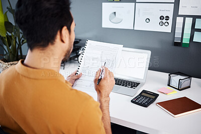 Buy stock photo Man, accountant and documents with laptop for finance, budget or strategy at office desk. Male employee working on financial paperwork, accounting or statements of company investments or expenses