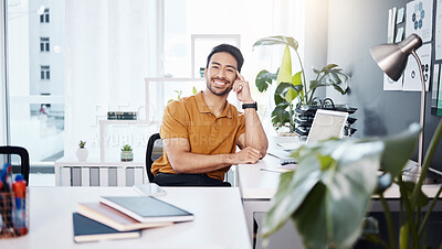 Buy stock photo Office smile portrait, business and happy man, bookkeeper or consultant relax after accounting work. Leaning on desk, bookkeeping or Asian person satisfaction with happiness, career growth or success