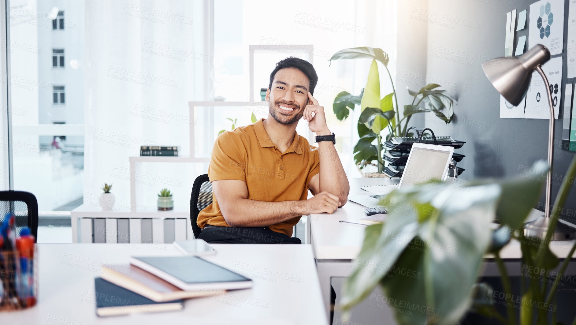 Buy stock photo Office smile portrait, business and happy man, bookkeeper or consultant relax after accounting work. Leaning on desk, bookkeeping or Asian person satisfaction with happiness, career growth or success