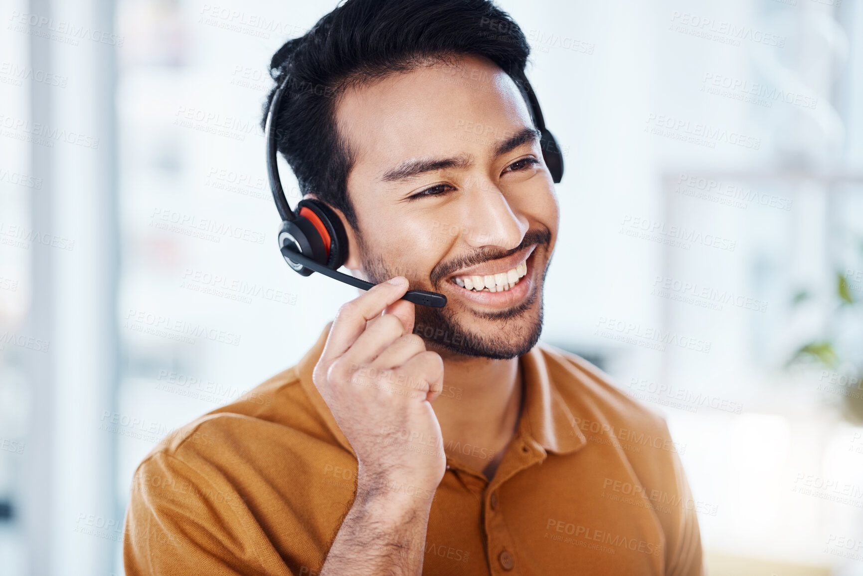 Buy stock photo Man with smile, call center and contact us with telecom, headset and microphone with CRM and help desk agent. Happy male consultant, communication and technology with customer service job and support