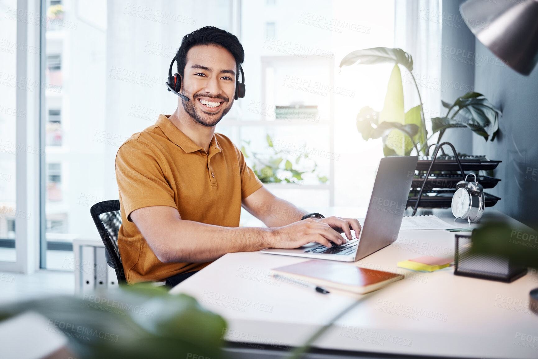 Buy stock photo Laptop, portrait and man call center agent doing research on a crm strategy in a modern office. Confidence, smile and male customer service consultant working on an online consultation with computer.