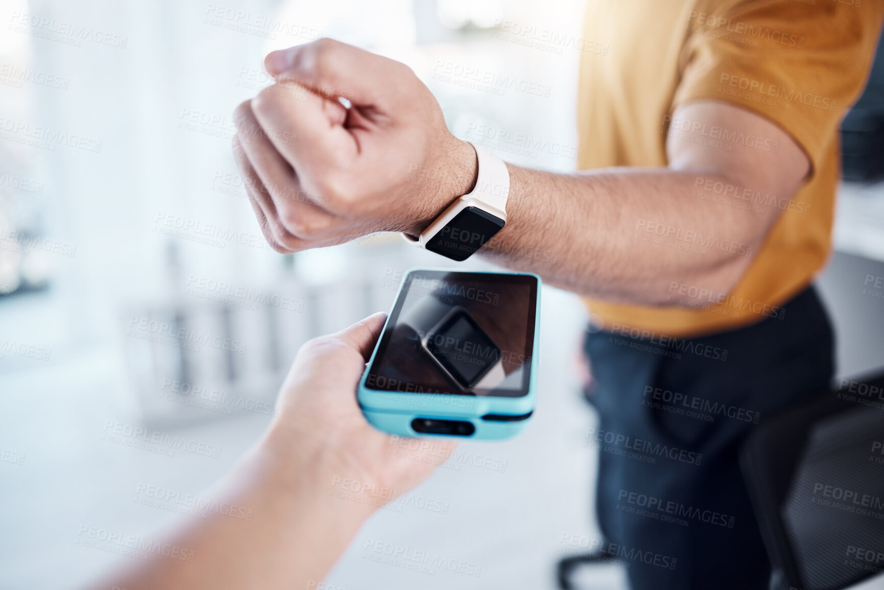 Buy stock photo Digital, payment and smart watch with hands of people for  finance, online banking and cashless. Technology, connection and pov of customer and machine for contactless, transaction and connection